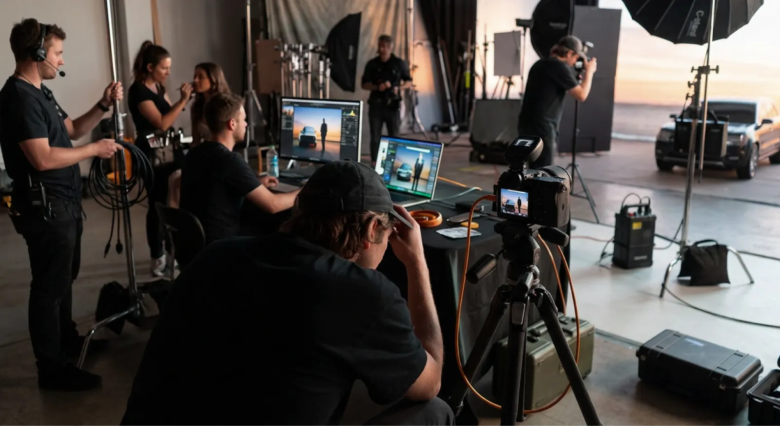 PLAY team working behind the scenes on a shoot: cameras, lighting and post-production live.