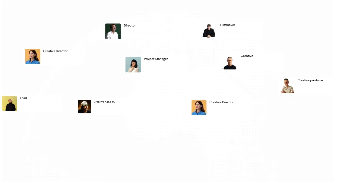 Mapa mundial punteado con tarjetas de perfiles de talento curado: Director, Filmmaker, Creative Director, Project Manager, Creative, Creative producer, Lead y Creative head of.