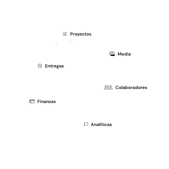 PLAY Platform modular diagram with the modules Projects, Media, Analytics, Collaborators, Finance and Deliveries.