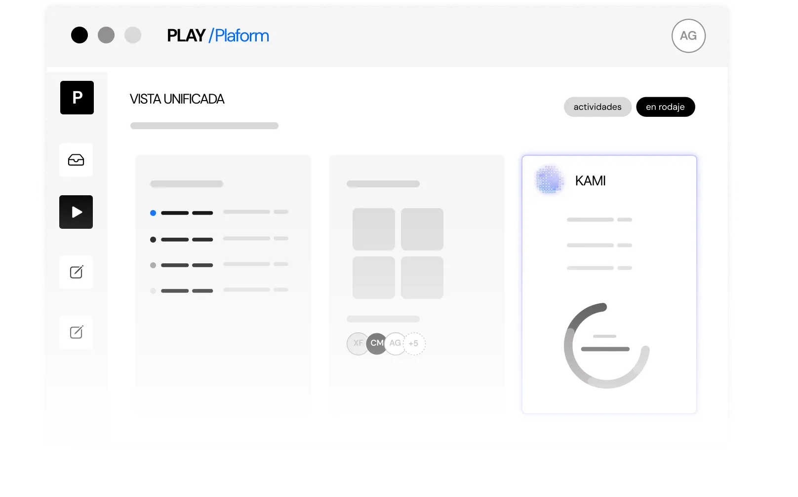 Unified view of PLAY Platform: module sidebar, project list and KAMI panel with totals.