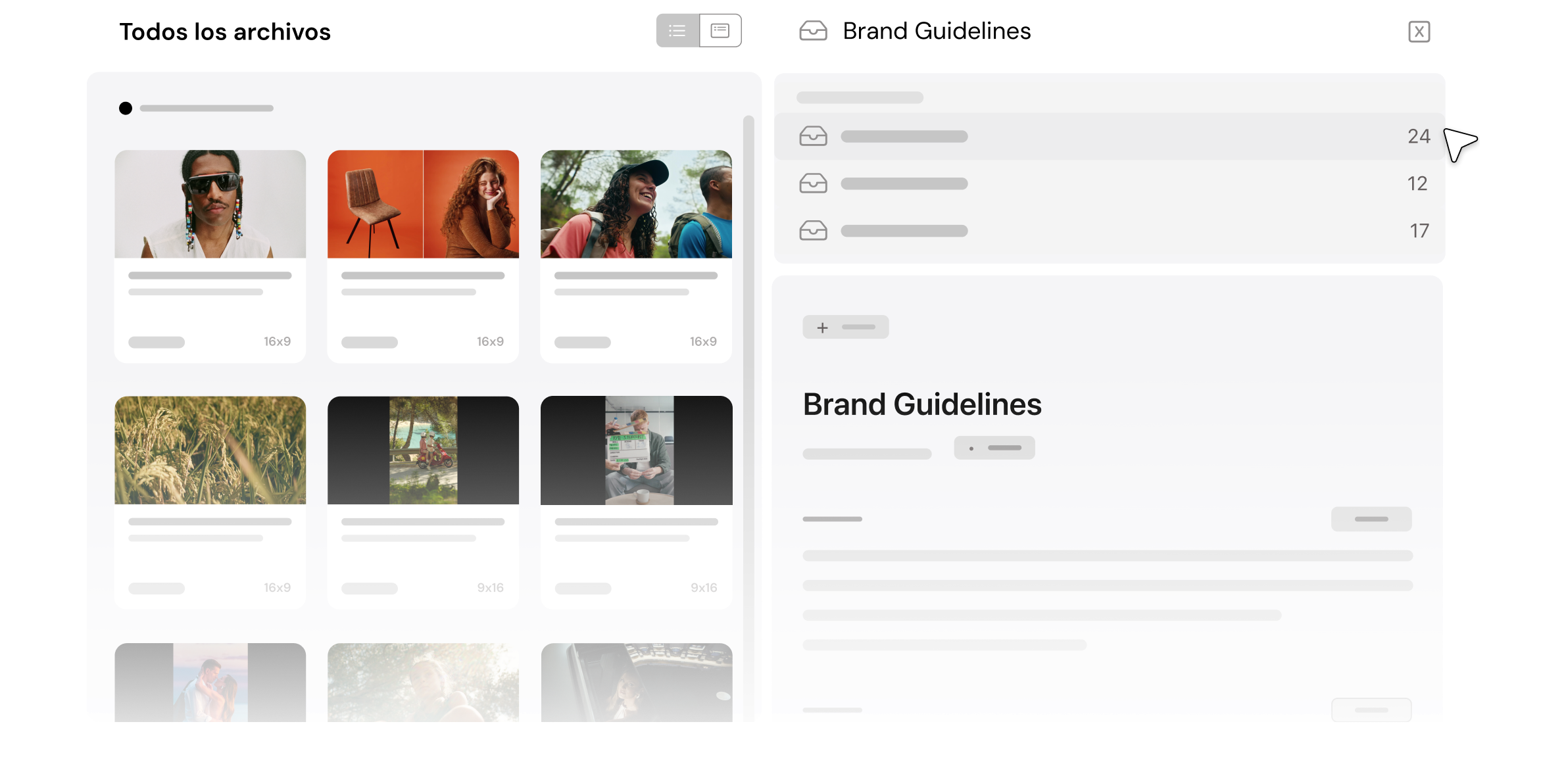 PLAY Platform media library: file browser with thumbnails and a Brand Guidelines panel.